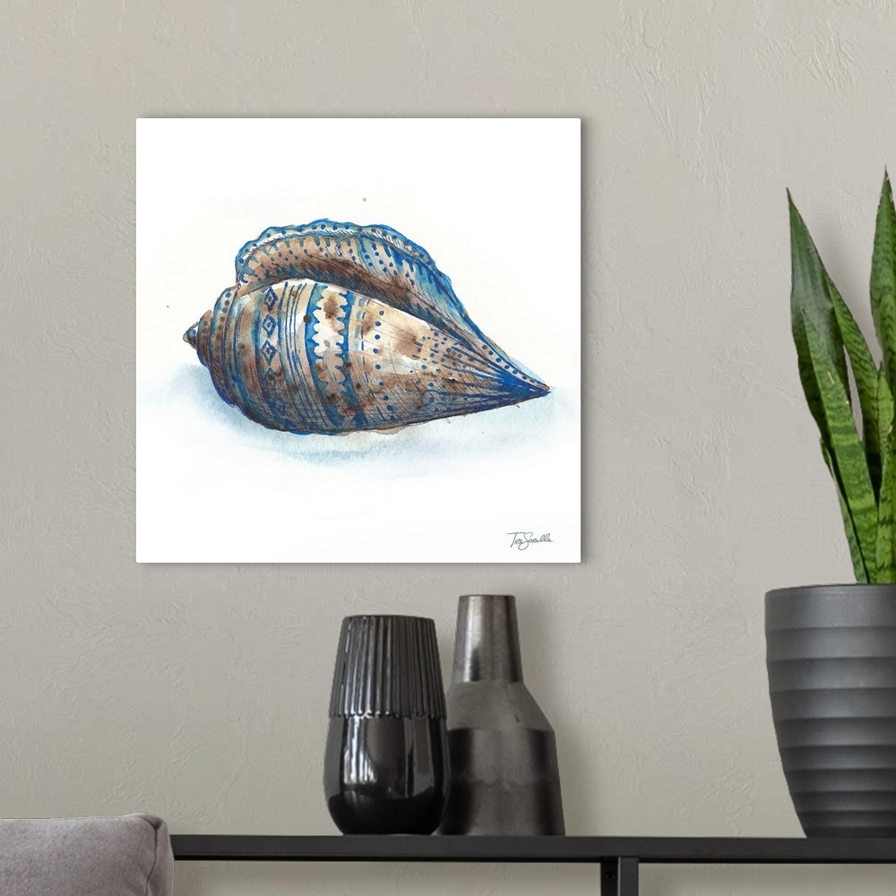 A modern room featuring Square artistic painting of a shell in shades of blue and brown on a white background.