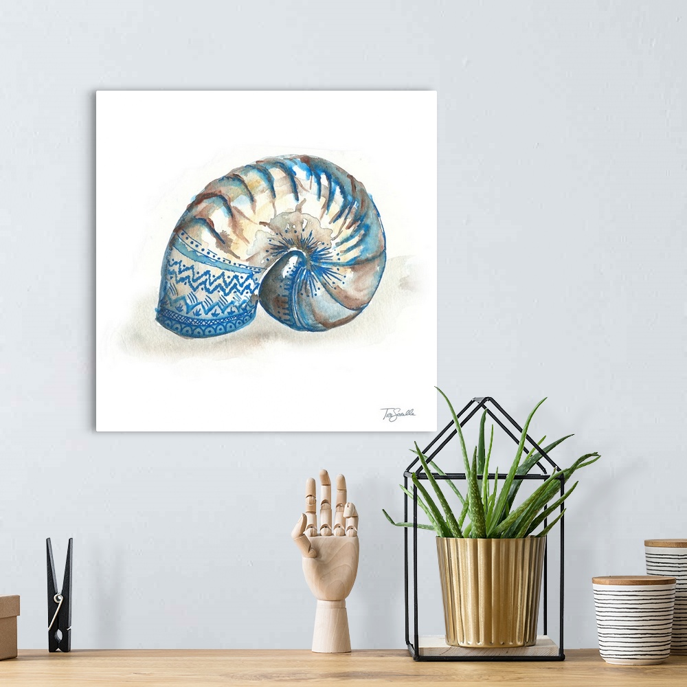 A bohemian room featuring Square artistic painting of a shell in shades of blue and brown on a white background.