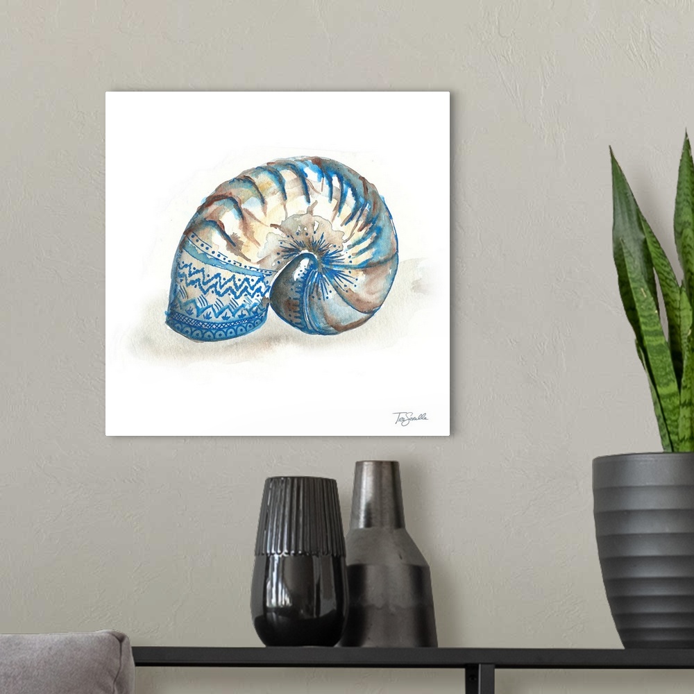 A modern room featuring Square artistic painting of a shell in shades of blue and brown on a white background.