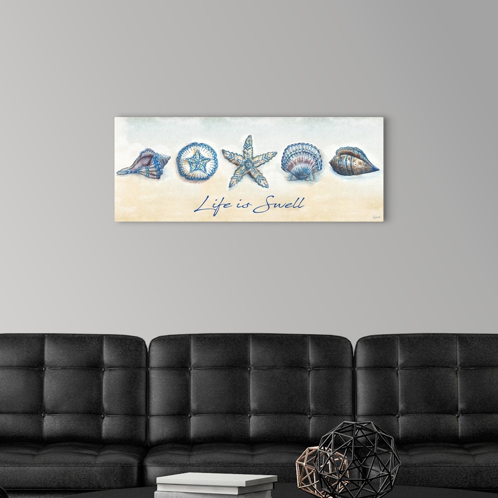 A modern room featuring "Life is Swell" with a row of shells on a warm toned background.
