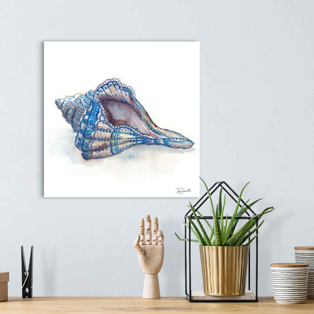 A bohemian room featuring Square artistic painting of a shell in shades of blue and brown on a white background.