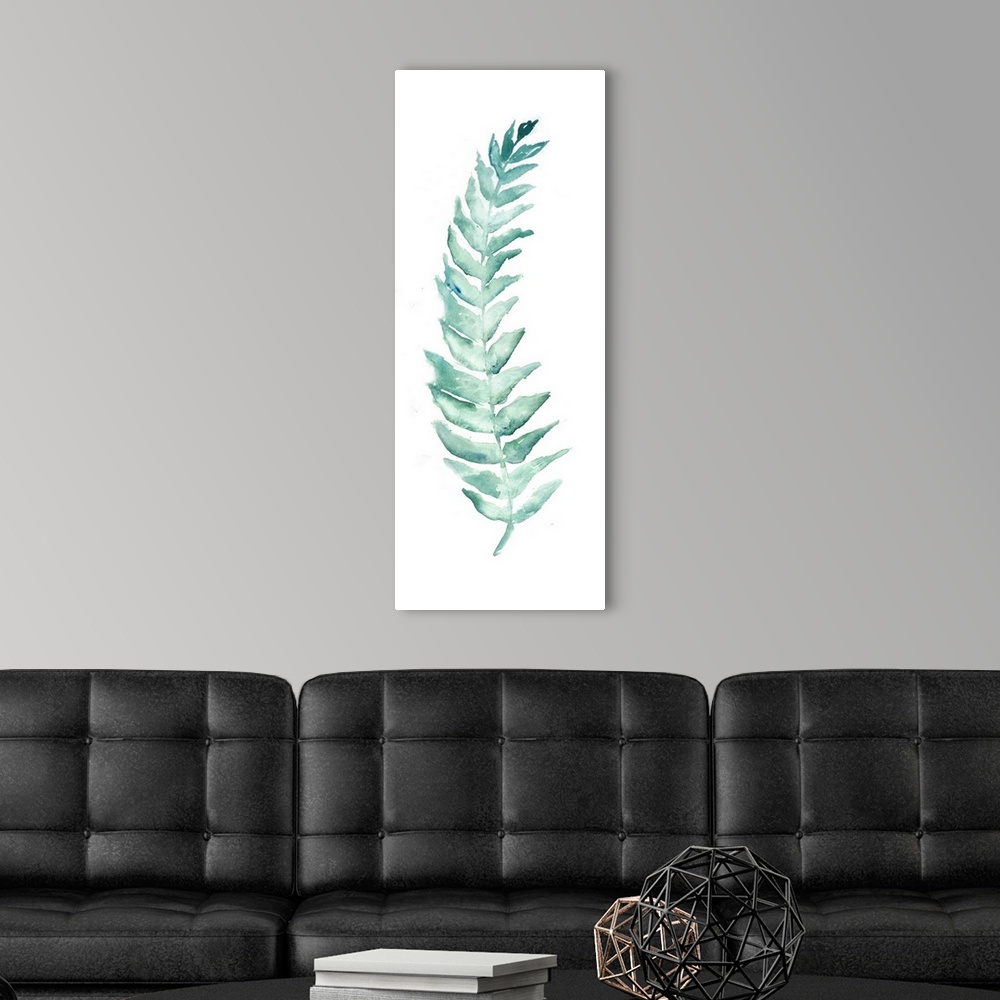 A modern room featuring A vertical watercolor design of a single fern leaf in shades of blue.