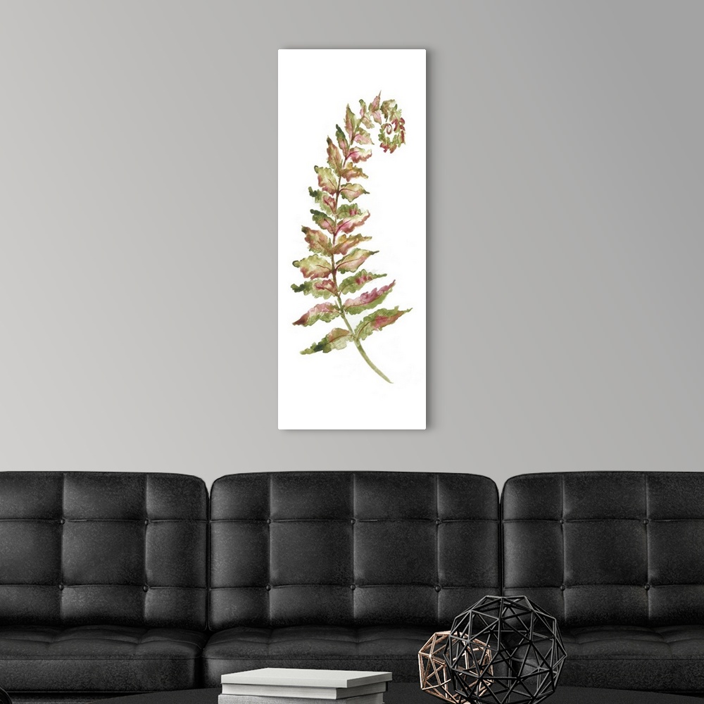 A modern room featuring A vertical watercolor design of a single fern leaf in shades of red and green.