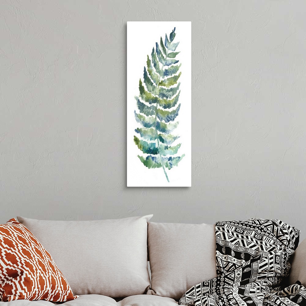A bohemian room featuring A vertical watercolor design of a single fern leaf in shades of blue and green.