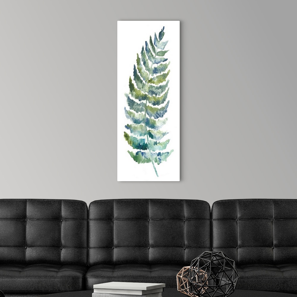 A modern room featuring A vertical watercolor design of a single fern leaf in shades of blue and green.