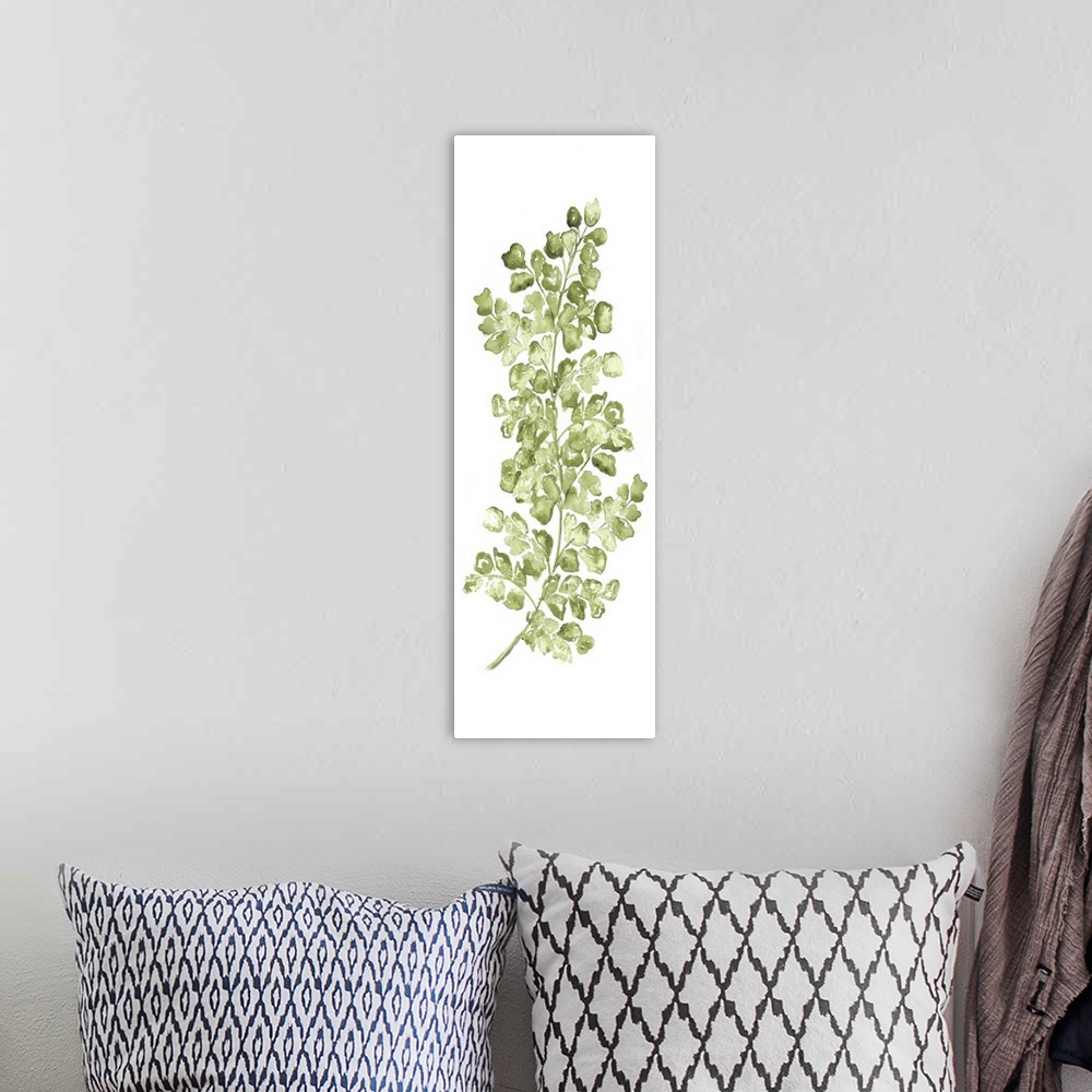 A bohemian room featuring A vertical watercolor design of a single fern leaf in shades of green.