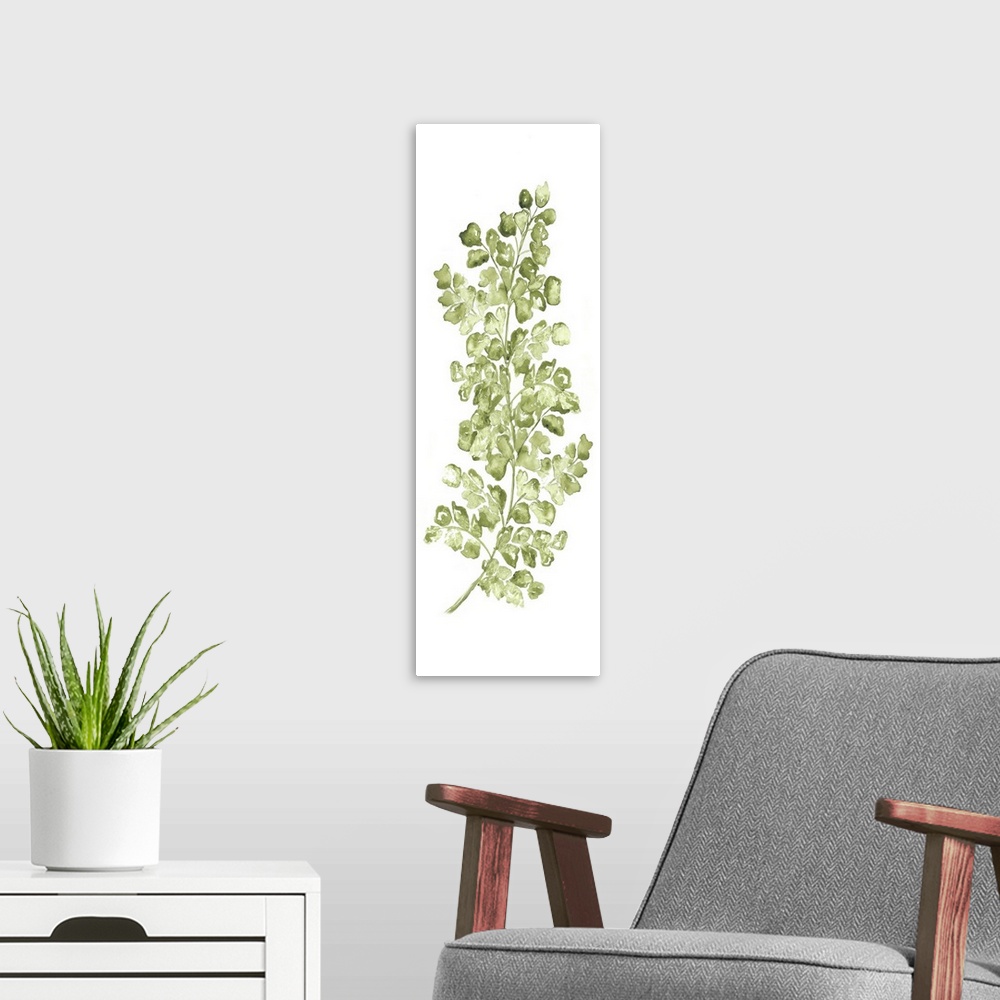 A modern room featuring A vertical watercolor design of a single fern leaf in shades of green.