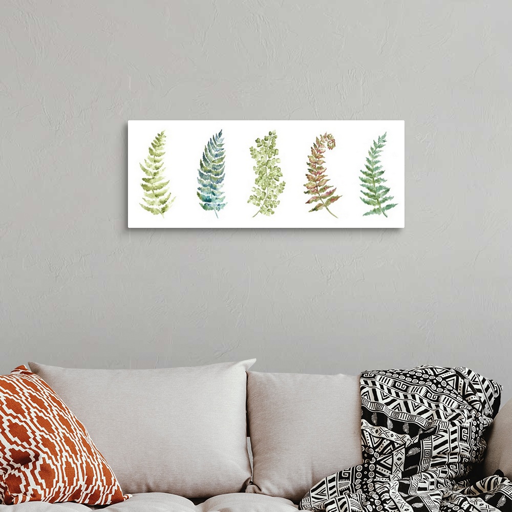 A bohemian room featuring A horizontal watercolor design of a row of fern leaves in shades of green.