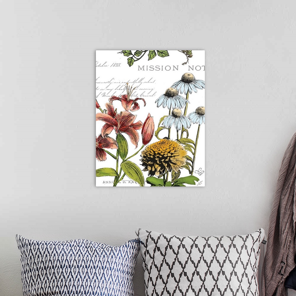 A bohemian room featuring A decorative botanical design of varies colorful flowers with a vintage postcard feel.
