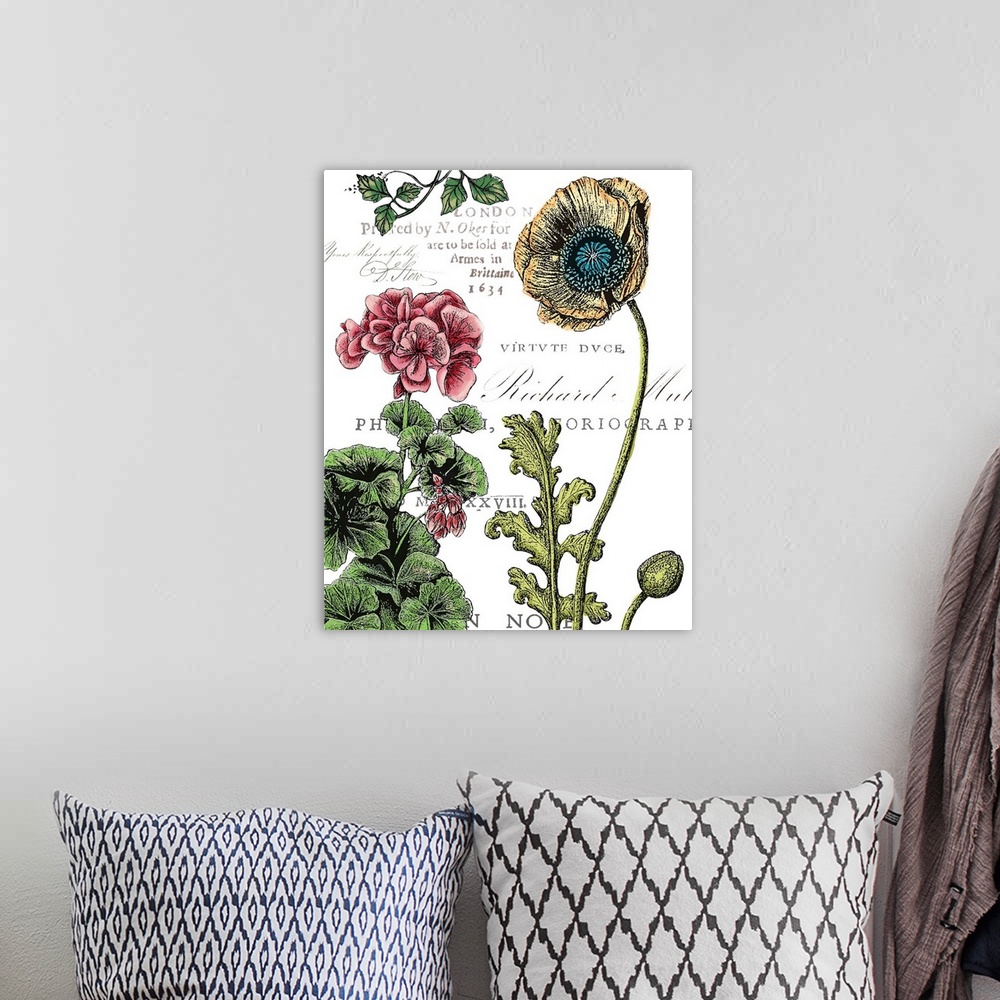 A bohemian room featuring A decorative botanical design of varies colorful flowers with a vintage postcard feel.