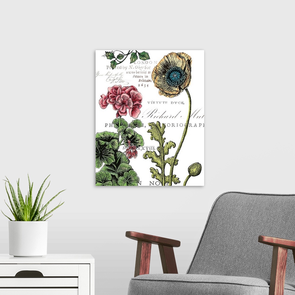 A modern room featuring A decorative botanical design of varies colorful flowers with a vintage postcard feel.