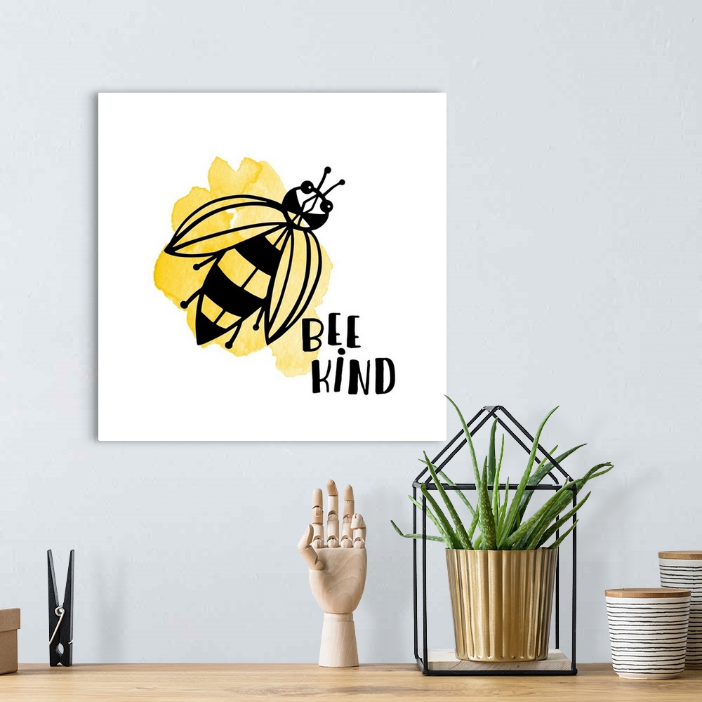 A bohemian room featuring "Bee Kind" and a bee with yellow watercolor on a white background.