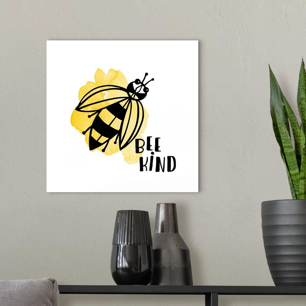 A modern room featuring "Bee Kind" and a bee with yellow watercolor on a white background.