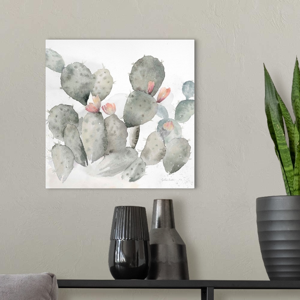 A modern room featuring A square decorative watercolor painting of a group of cactus in a garden.