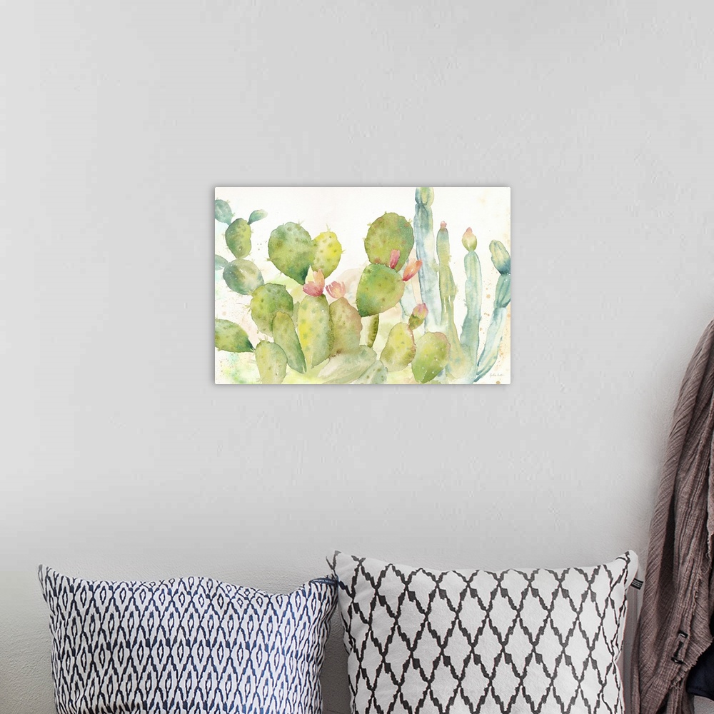 A bohemian room featuring A horizontal decorative watercolor painting of a group of cactus in a garden.