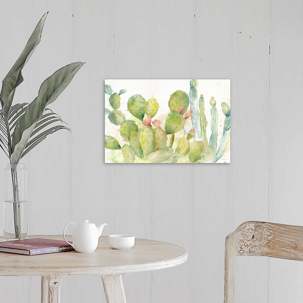 A farmhouse room featuring A horizontal decorative watercolor painting of a group of cactus in a garden.