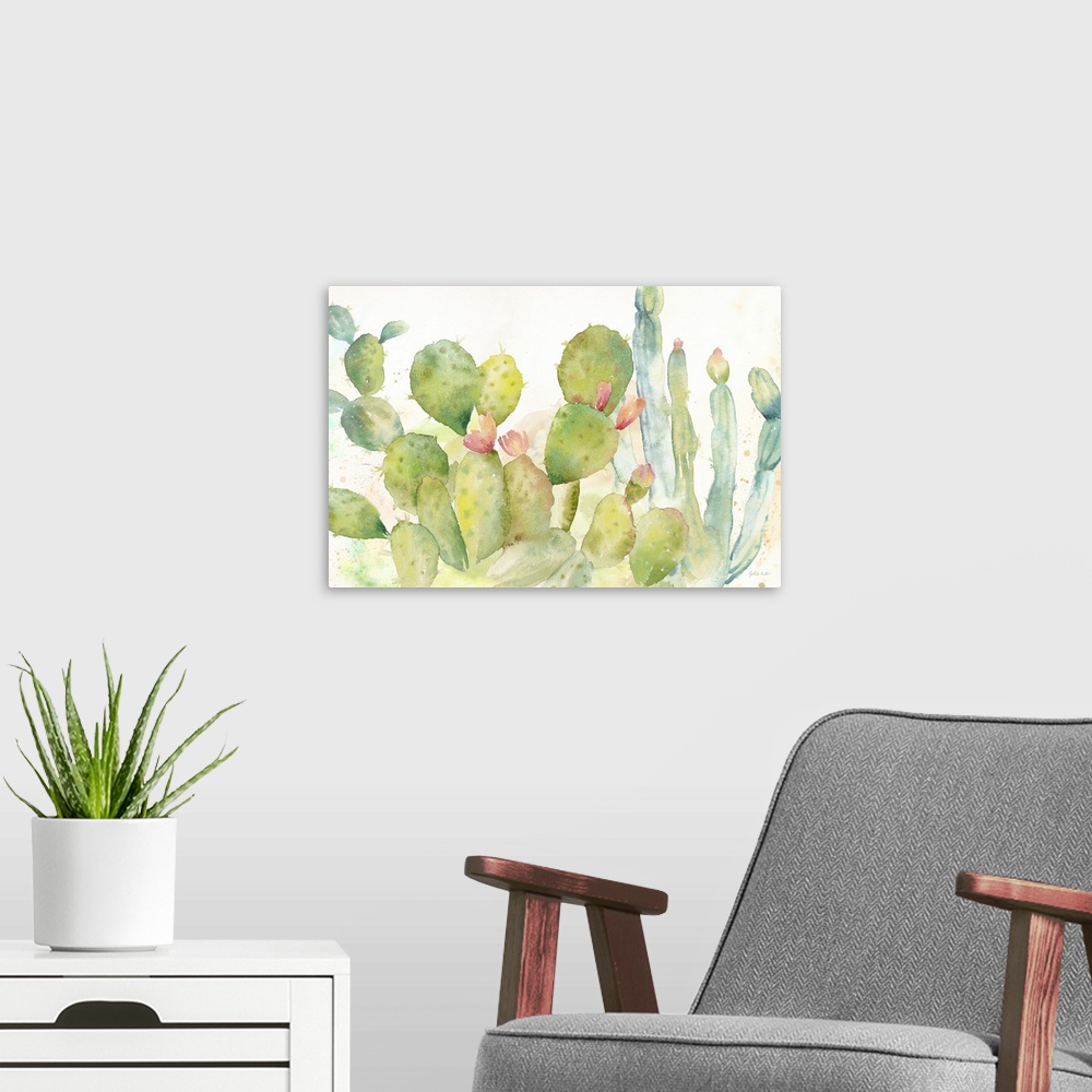 A modern room featuring A horizontal decorative watercolor painting of a group of cactus in a garden.