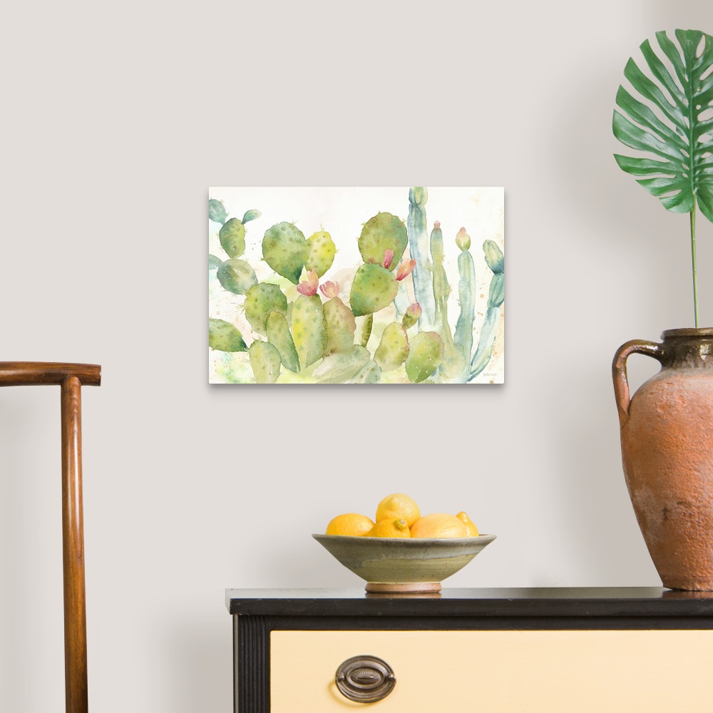 A traditional room featuring A horizontal decorative watercolor painting of a group of cactus in a garden.