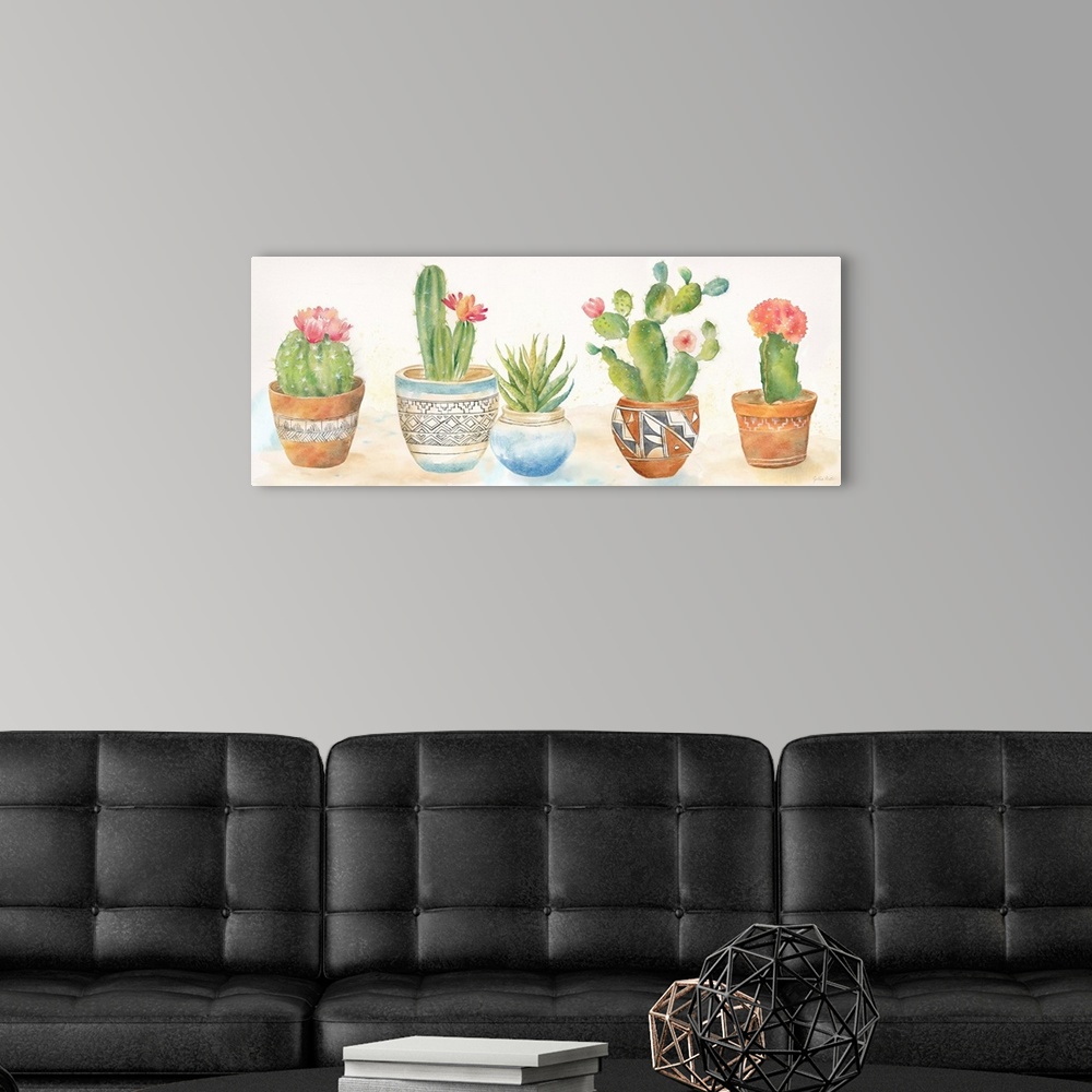 A modern room featuring A decorative watercolor painting of a group of succulents in colorful clay pots.