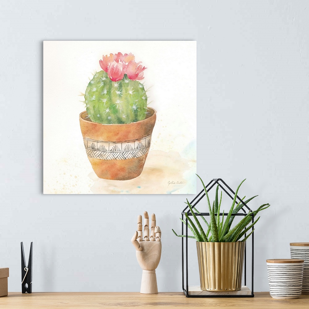 A bohemian room featuring A square decorative watercolor painting of  succulents in colorful clay pots.