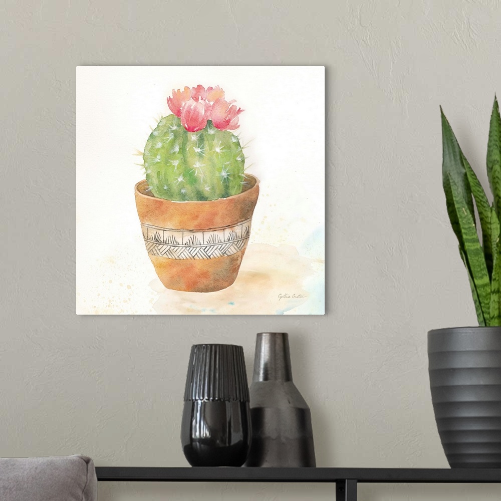 A modern room featuring A square decorative watercolor painting of  succulents in colorful clay pots.