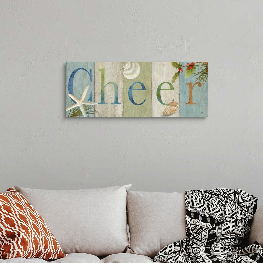 A bohemian room featuring "Cheer" on a multi-colored wood plank background with holly and shells.