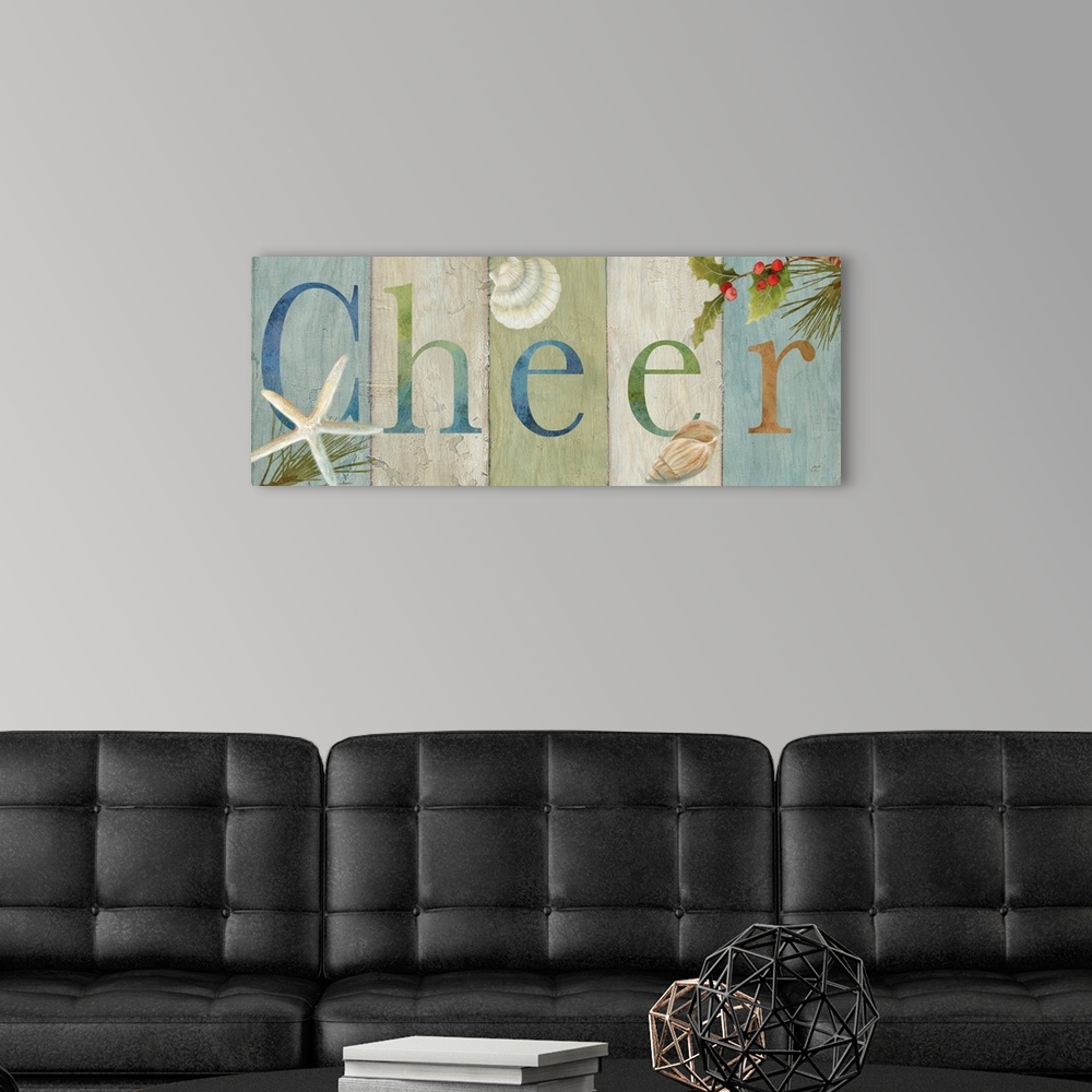 A modern room featuring "Cheer" on a multi-colored wood plank background with holly and shells.