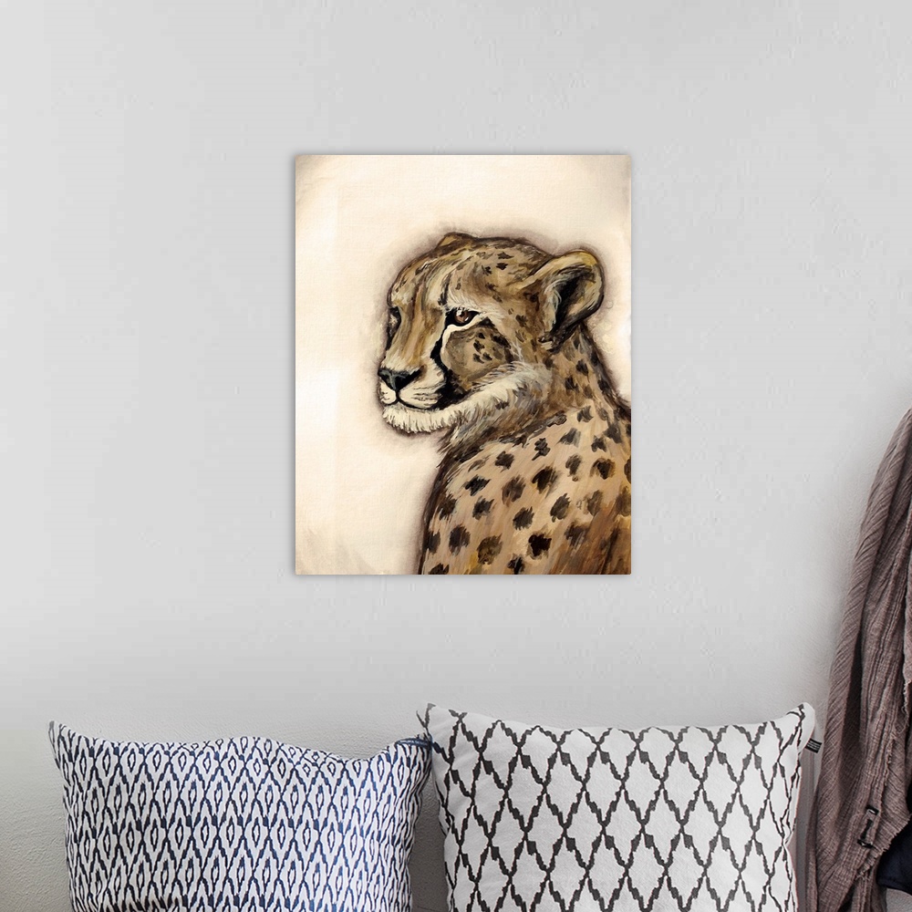 A bohemian room featuring A profile portrait of a cheetah in shades of brown and gold.