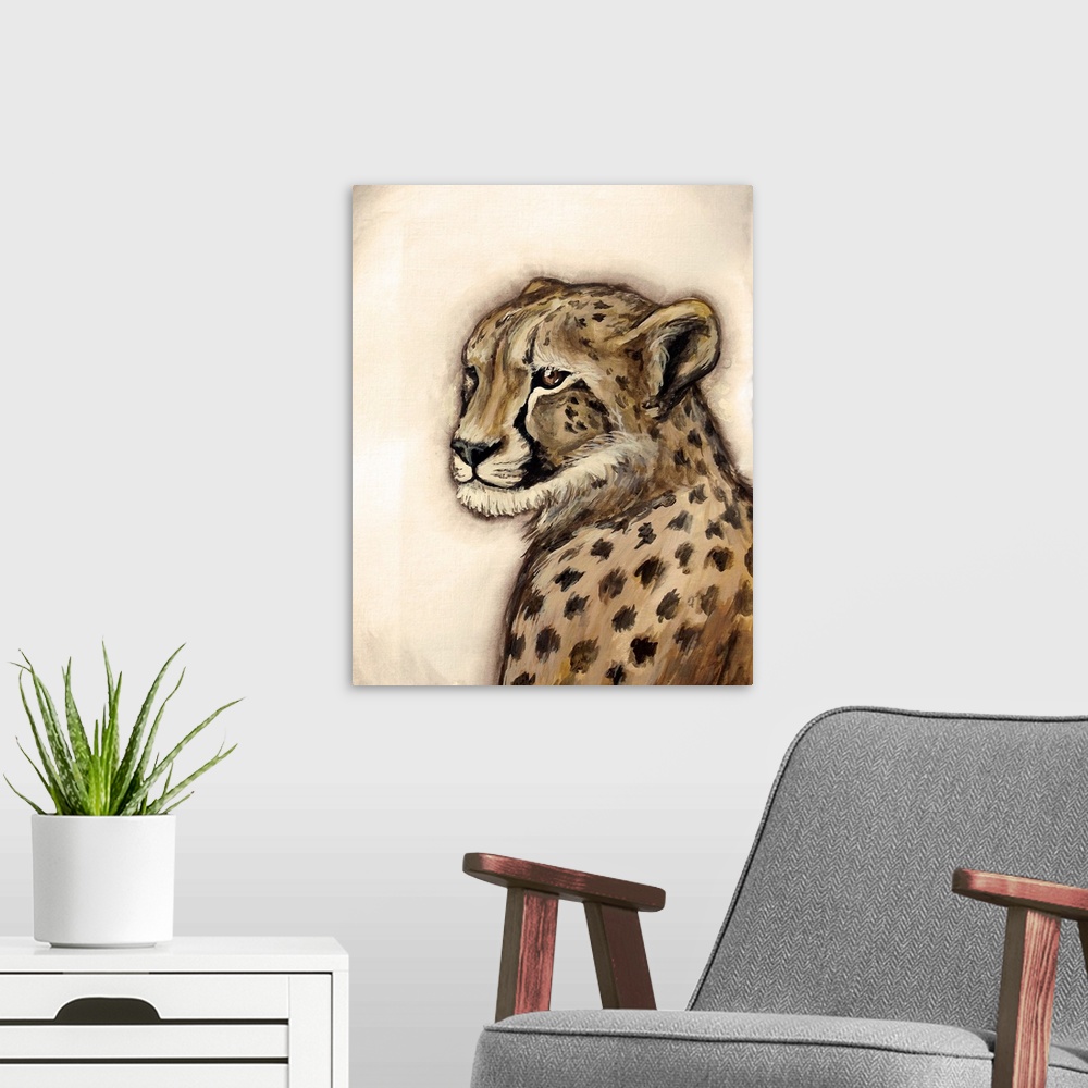 A modern room featuring A profile portrait of a cheetah in shades of brown and gold.