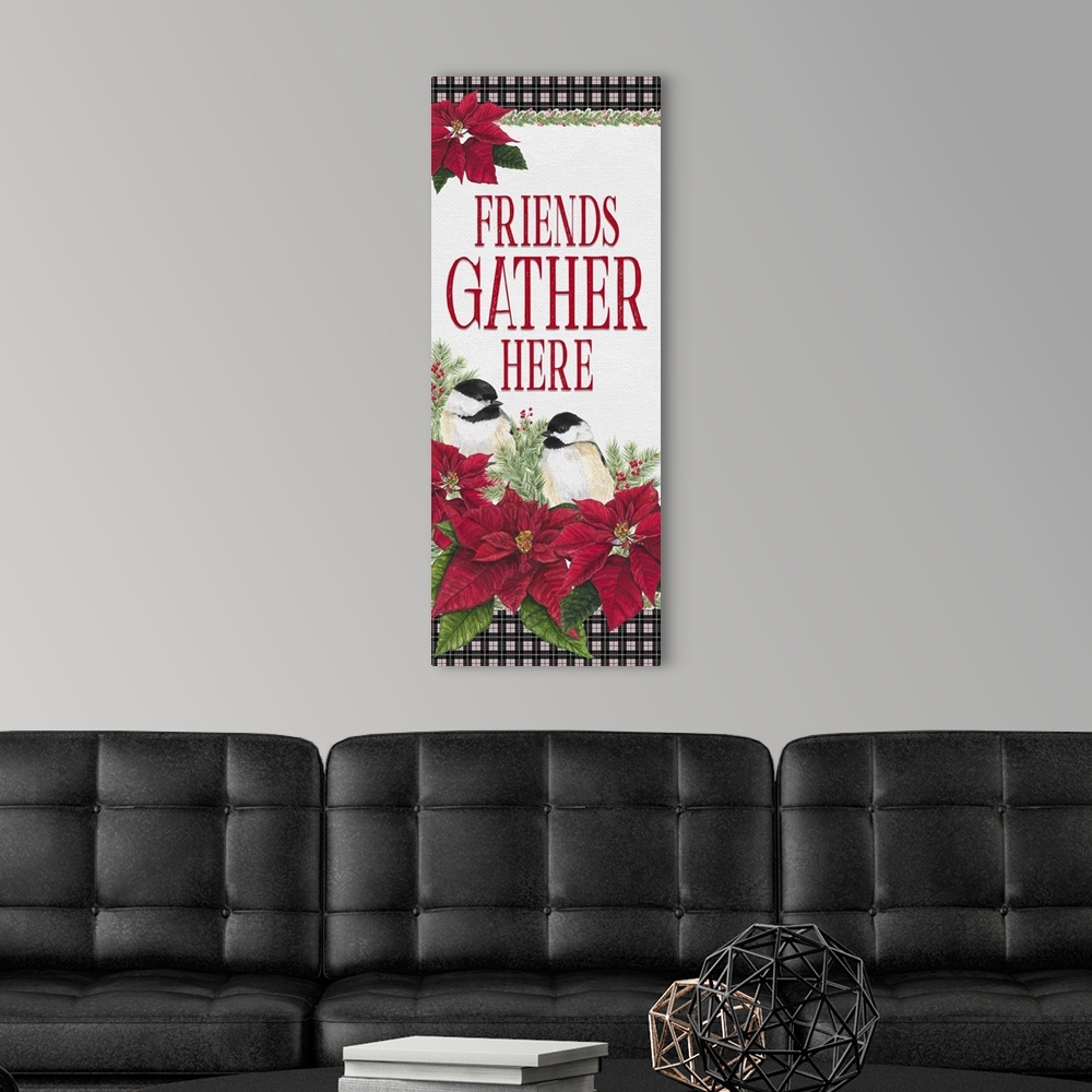 A modern room featuring Chickadee Christmas Red - Friends Gather vertical