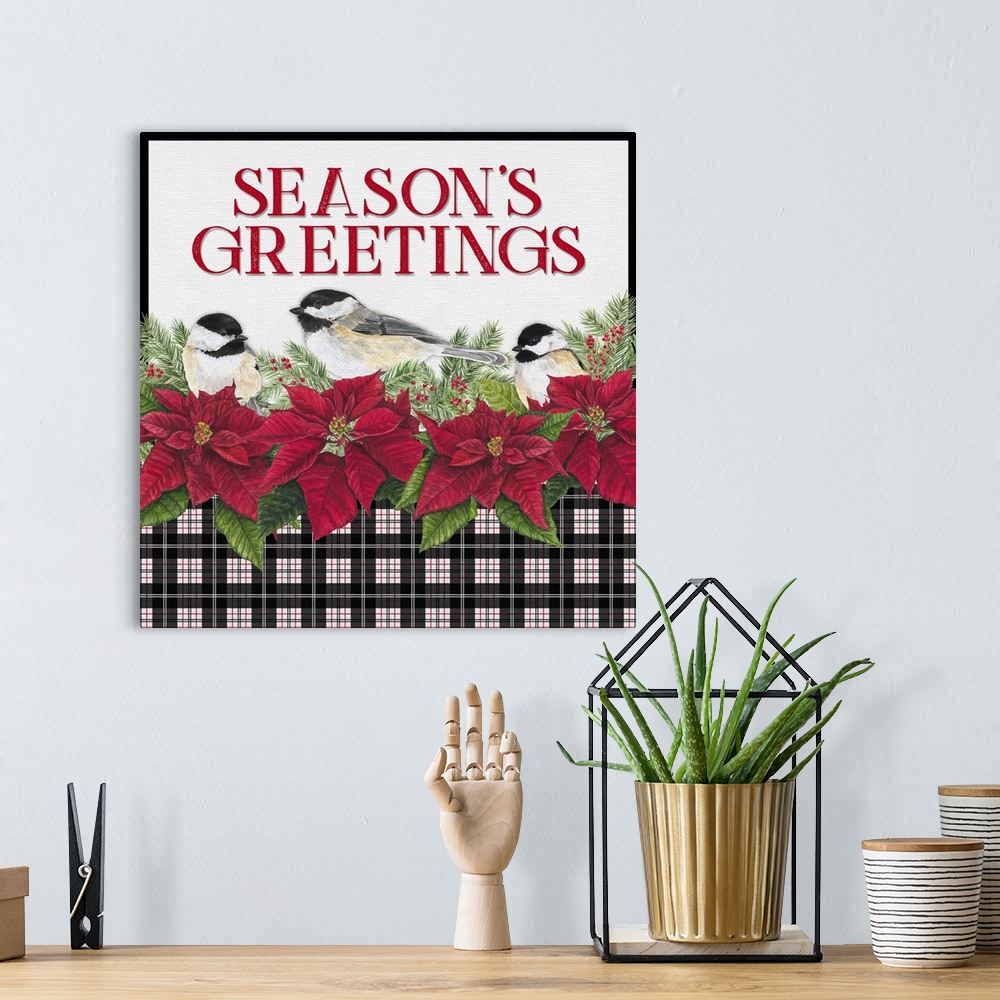 A bohemian room featuring Chickadee Christmas Red IV Seasons Greetings