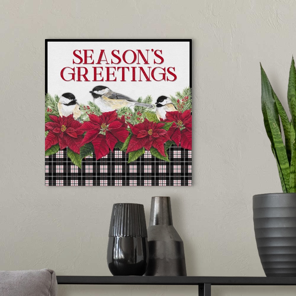 A modern room featuring Chickadee Christmas Red IV Seasons Greetings