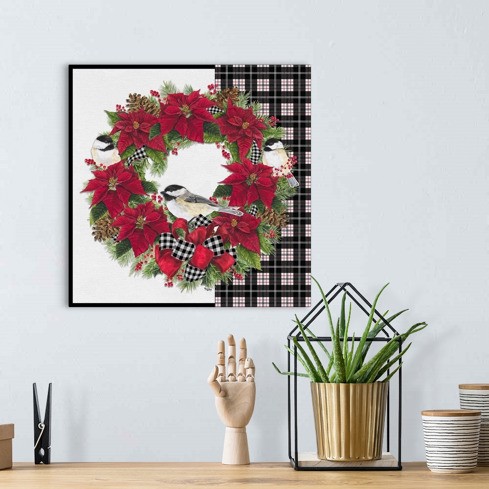 A bohemian room featuring Chickadee Christmas Red V Wreath