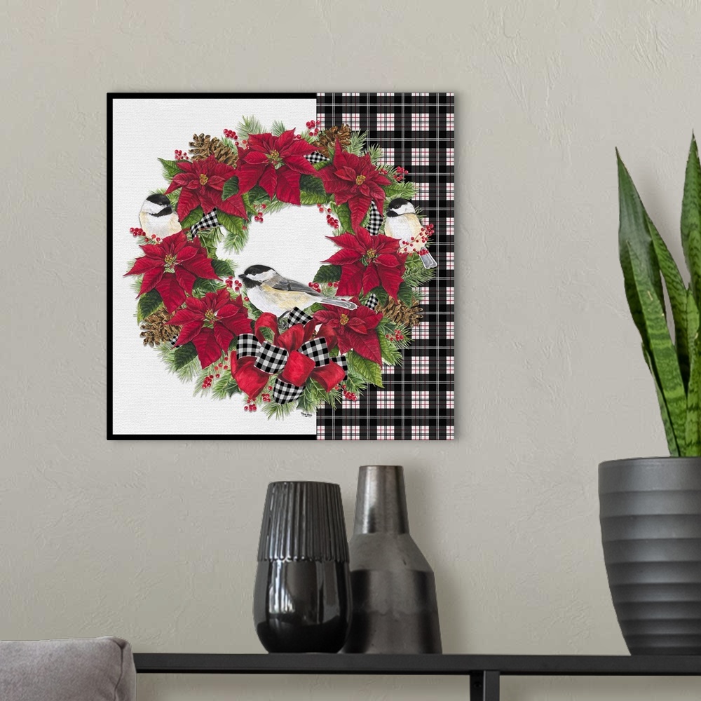 A modern room featuring Chickadee Christmas Red V Wreath