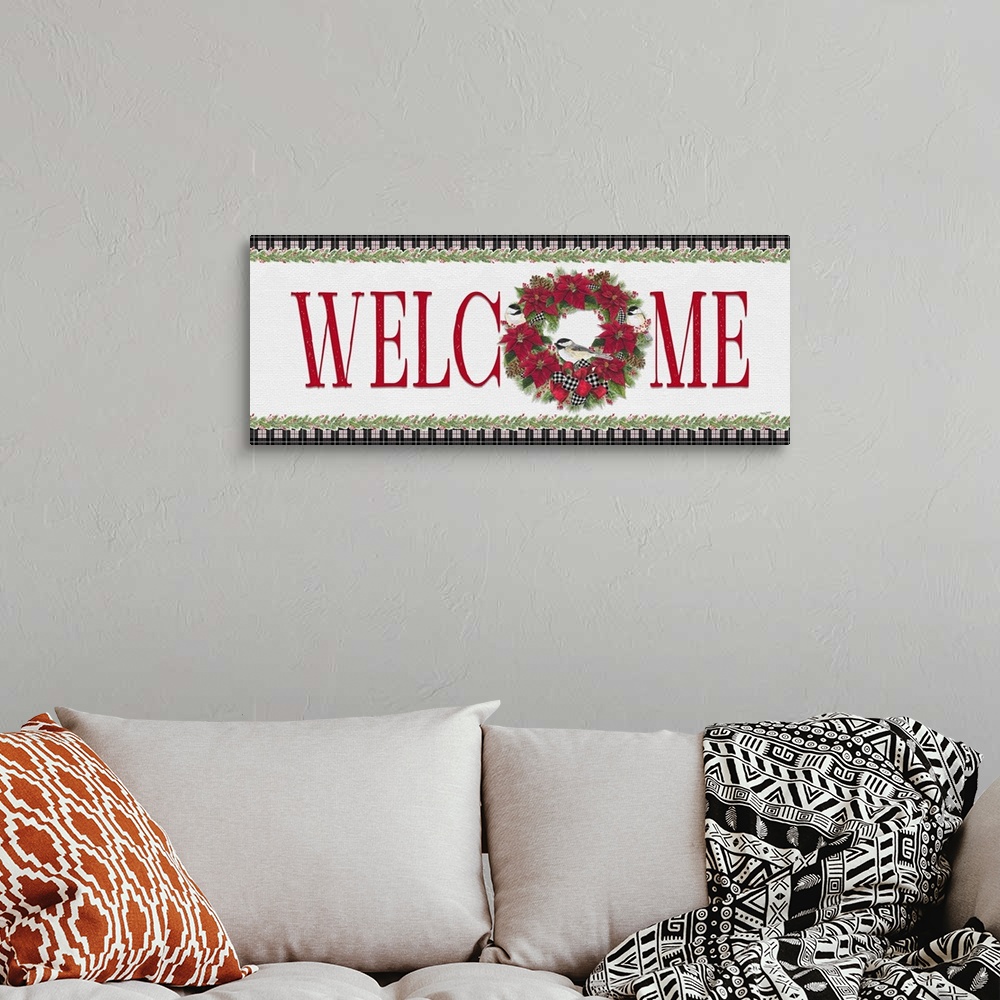 A bohemian room featuring Chickadee Christmas Red - Welcome
