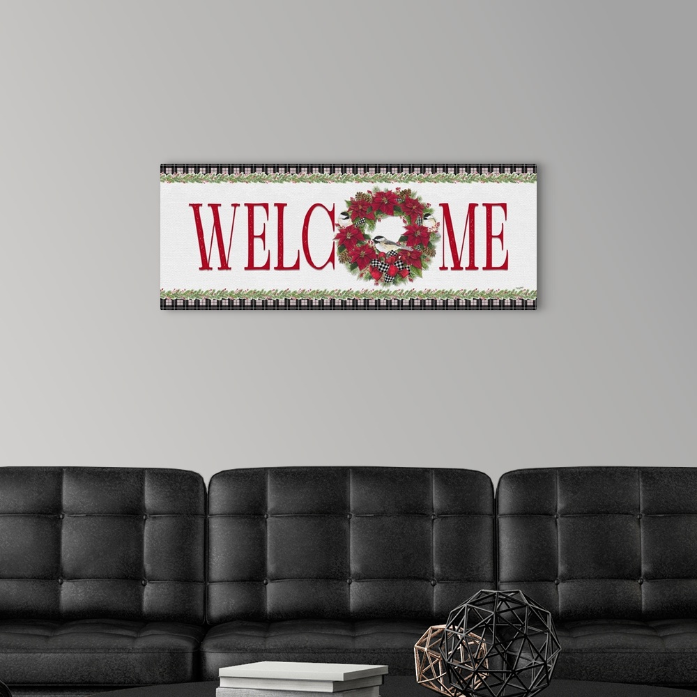 A modern room featuring Chickadee Christmas Red - Welcome