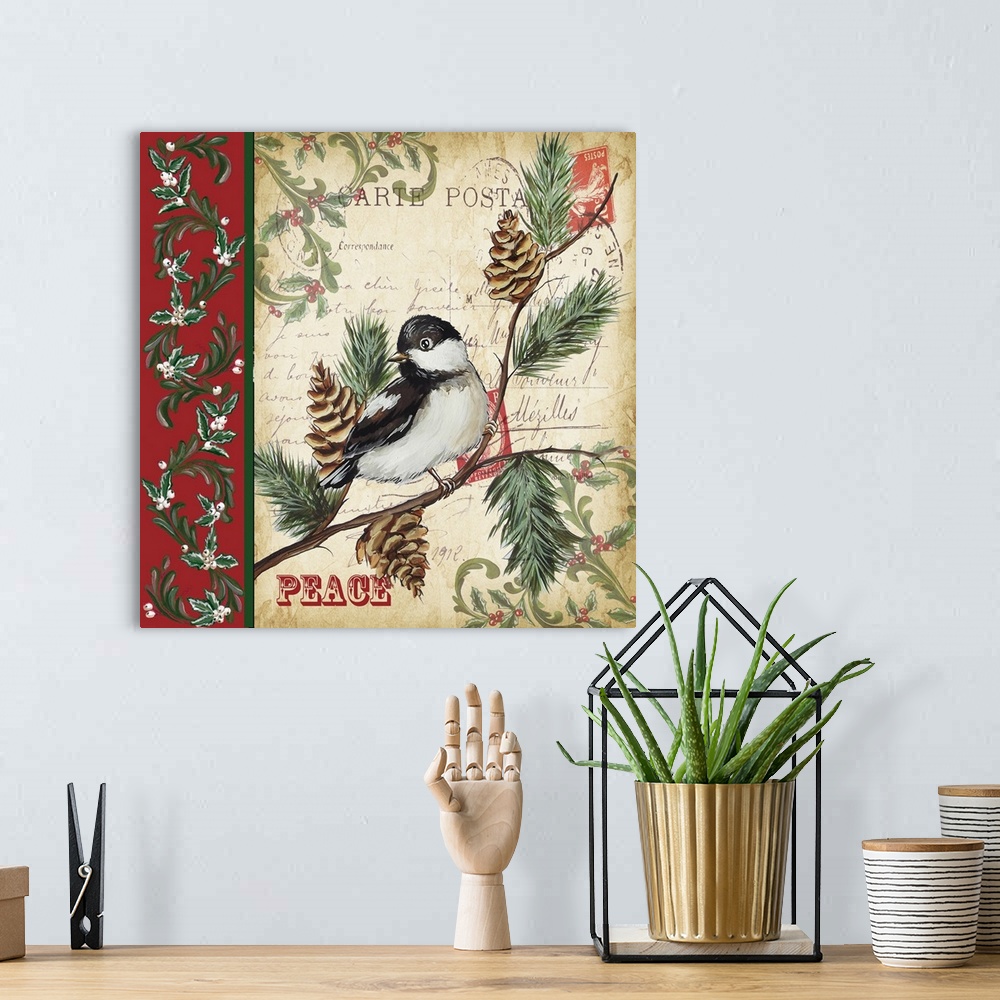 A bohemian room featuring An artistic design of a bird on a branch against a vintage postcard  with a border and the text "...