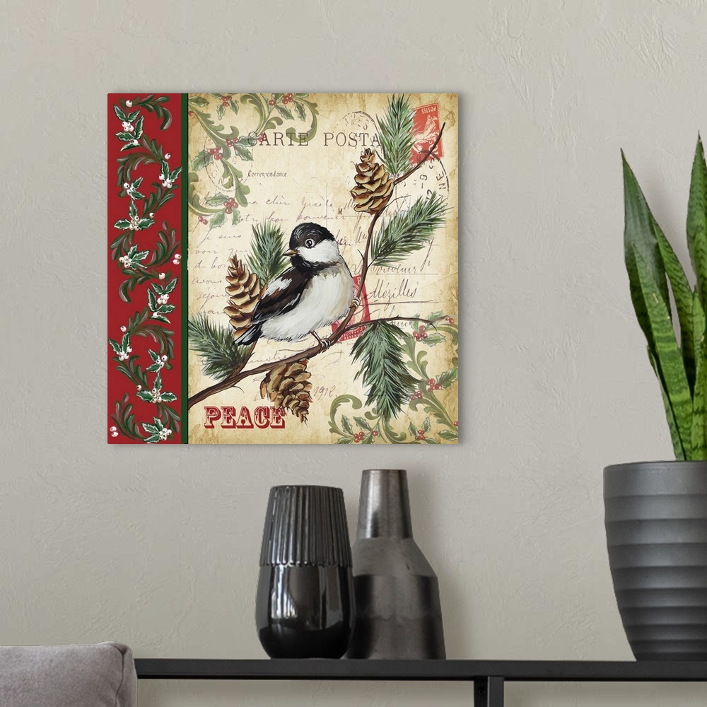A modern room featuring An artistic design of a bird on a branch against a vintage postcard  with a border and the text "...