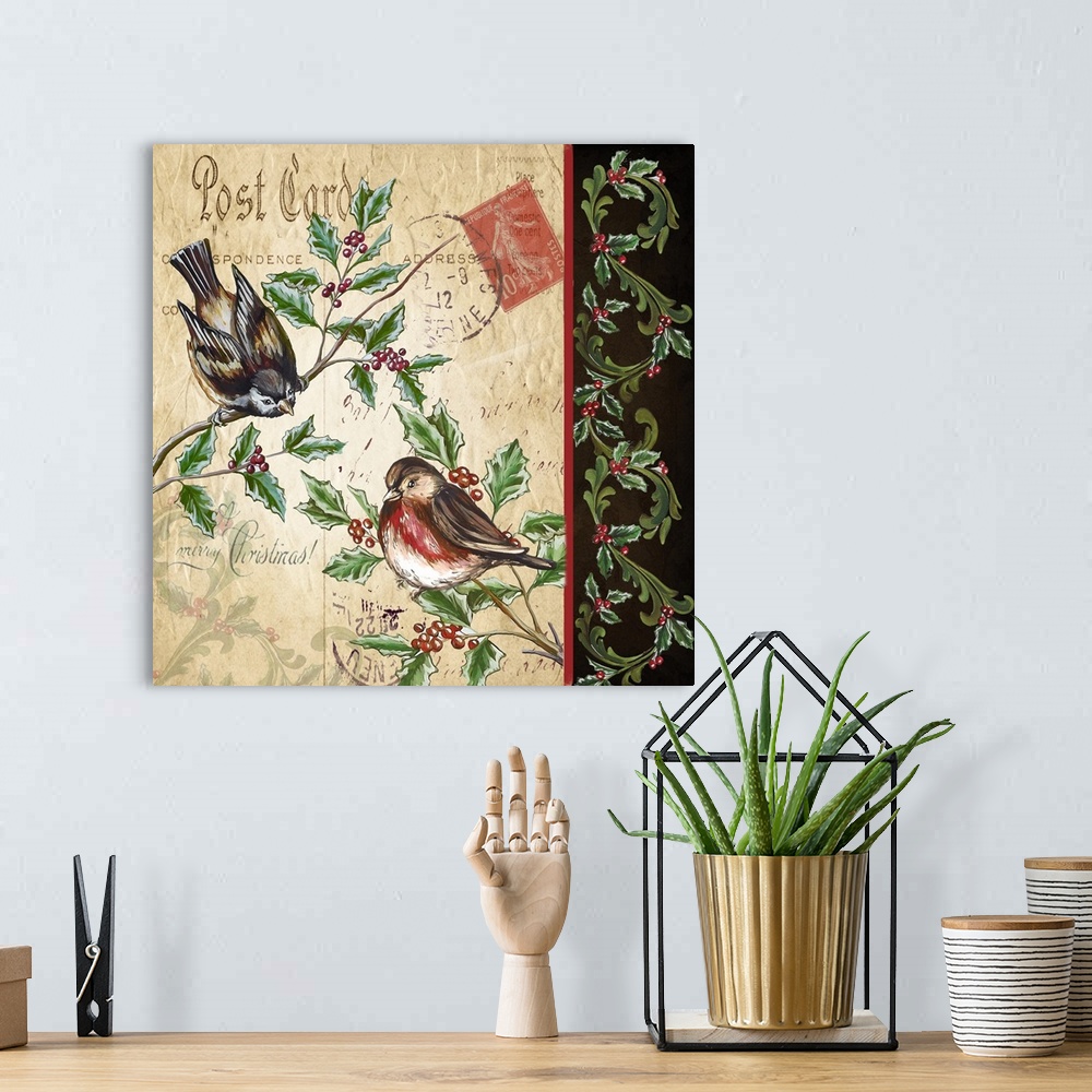 A bohemian room featuring An artistic design of two birds on a branch against a vintage postcard with a border.