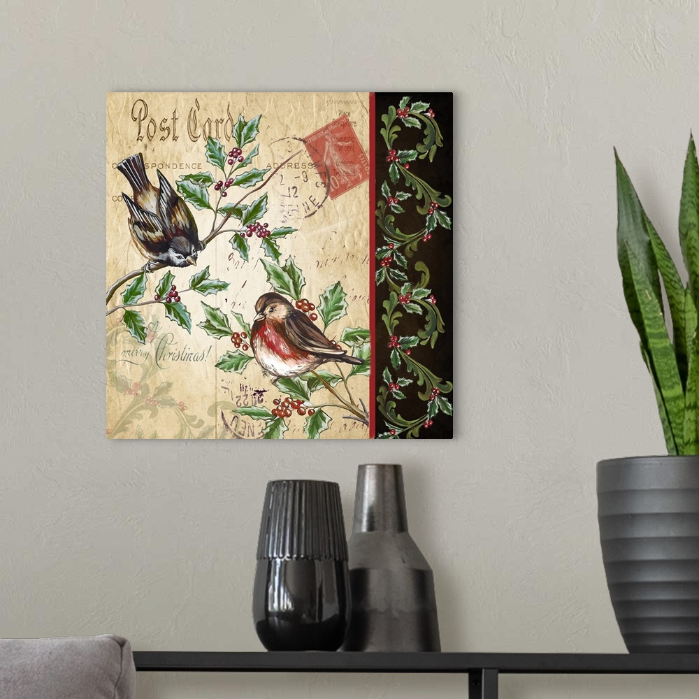 A modern room featuring An artistic design of two birds on a branch against a vintage postcard with a border.
