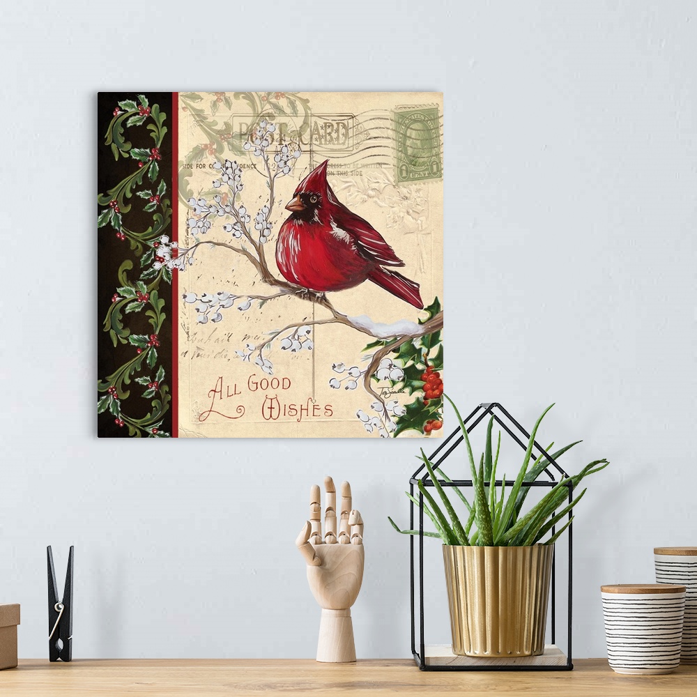 A bohemian room featuring An artistic design of a bird on a branch against a vintage postcard with a border and the text "A...