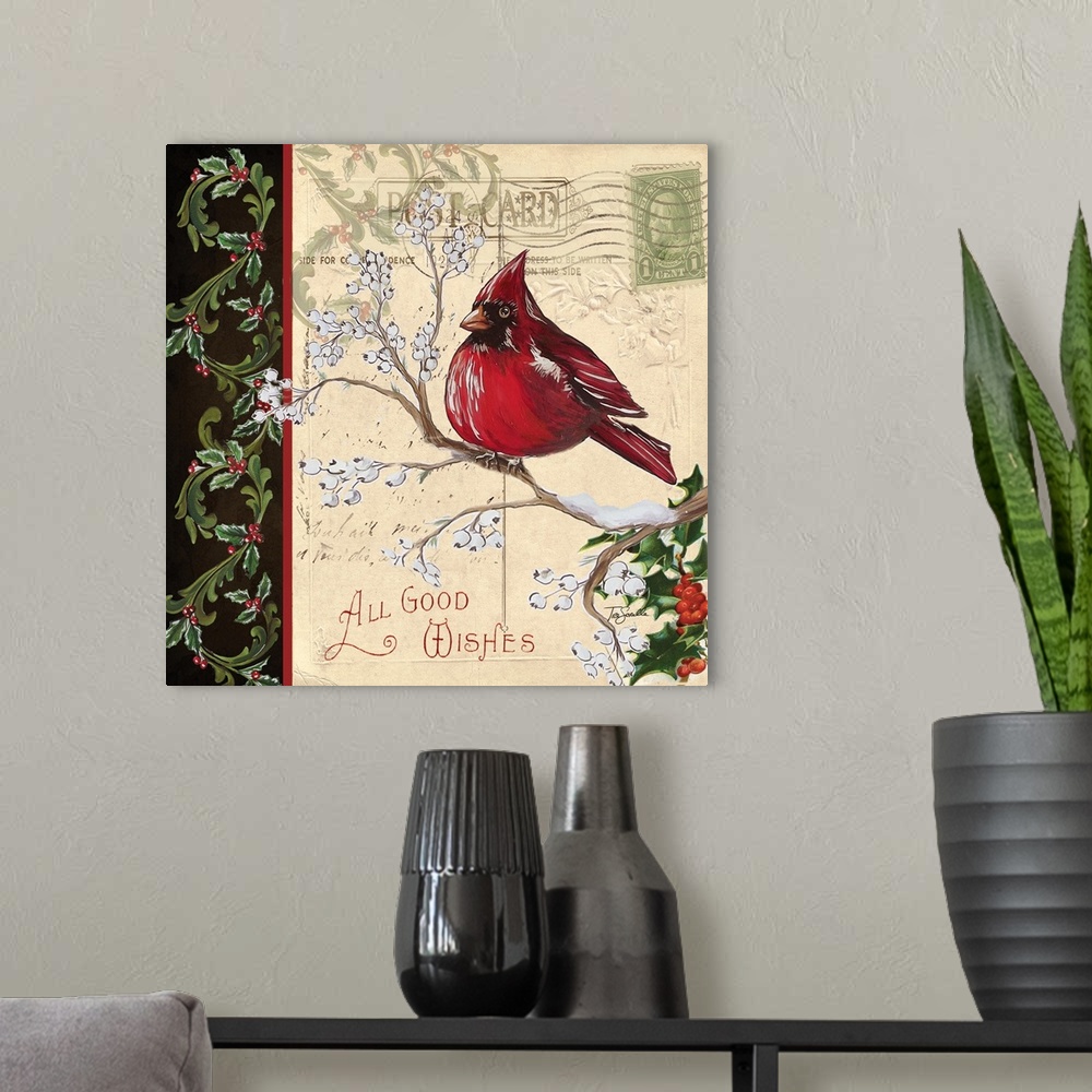 A modern room featuring An artistic design of a bird on a branch against a vintage postcard with a border and the text "A...