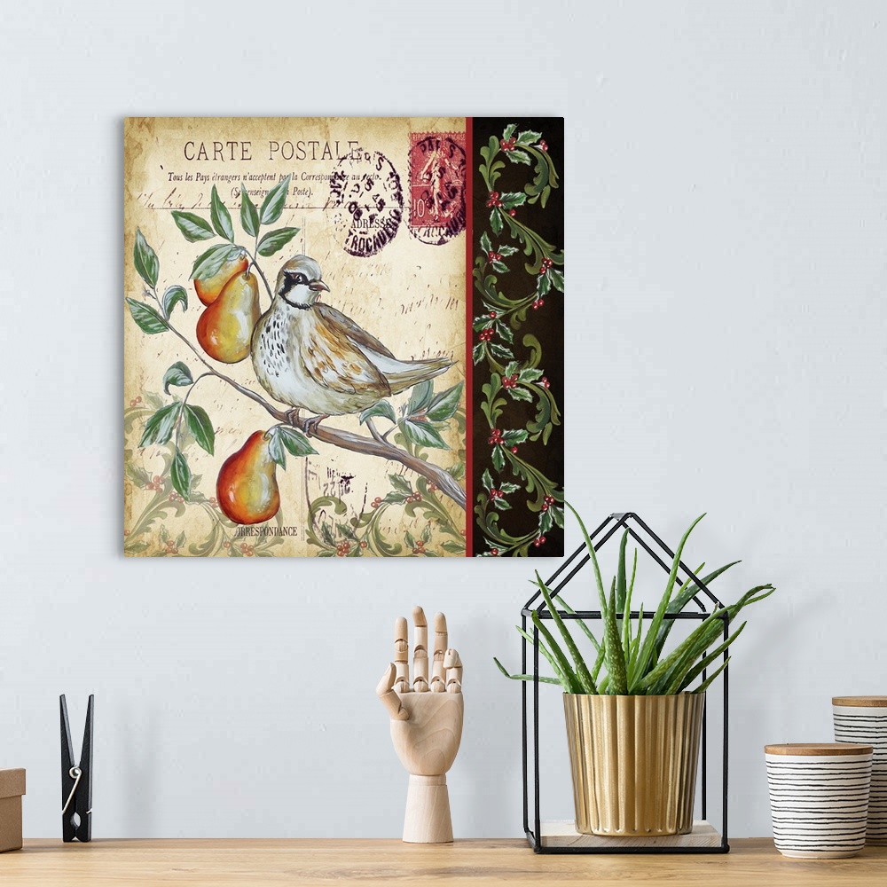 A bohemian room featuring An artistic design of a bird on a branch against a vintage postcard with a border.
