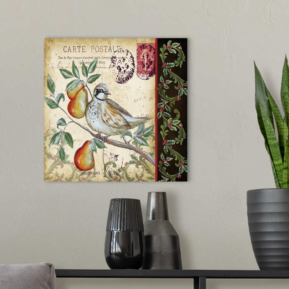 A modern room featuring An artistic design of a bird on a branch against a vintage postcard with a border.