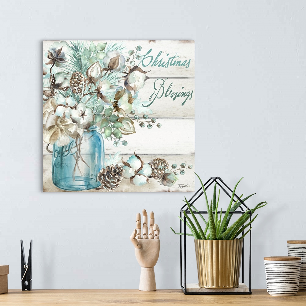 A bohemian room featuring "Christmas Blessings" with glass bottles and greenery on a gray wood panel background.