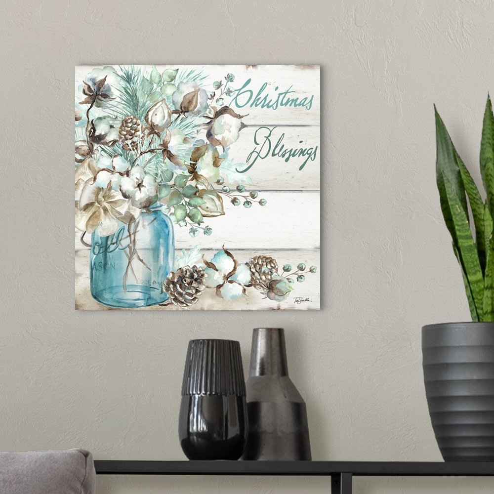 A modern room featuring "Christmas Blessings" with glass bottles and greenery on a gray wood panel background.