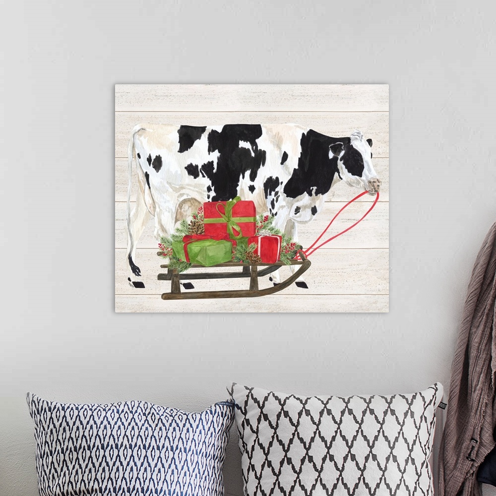 A bohemian room featuring Christmas on the Farm I Cow with Sled