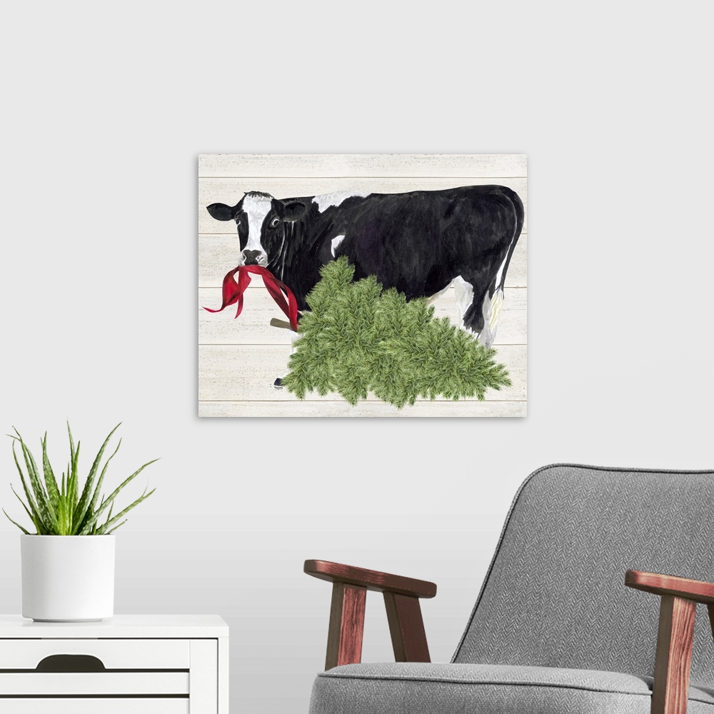 A modern room featuring Christmas on the Farm II Cow with Tree