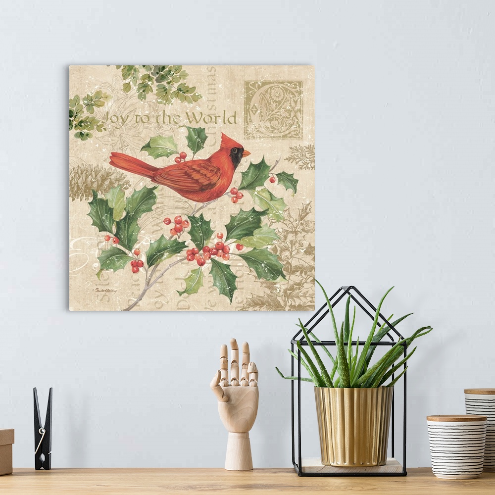 A bohemian room featuring A decorative design of a red cardinal on holly on a beige background with text and floral designs...