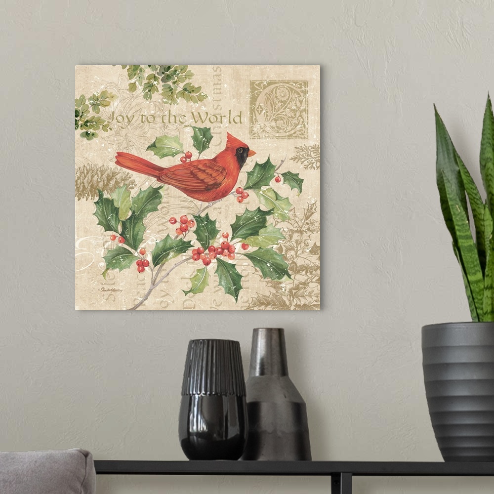 A modern room featuring A decorative design of a red cardinal on holly on a beige background with text and floral designs...